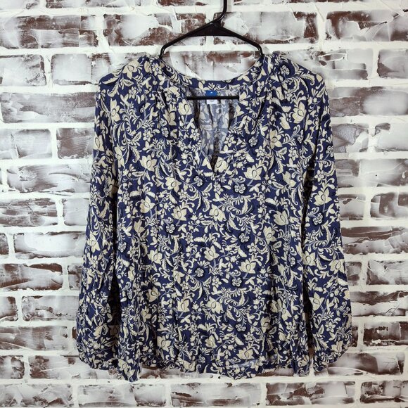 Old Navy Medium Peasant Top Blue White Floral Long Sleeves V-Neck Boho - Picture 1 of 5